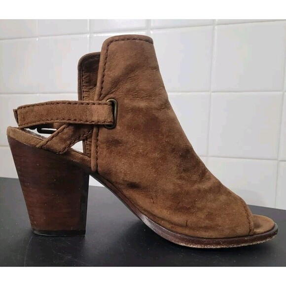Frye Dani Shield Slingback Sandal Heels Open Toe Suede Wood Brown Size 9M** - Picture 4 of 12